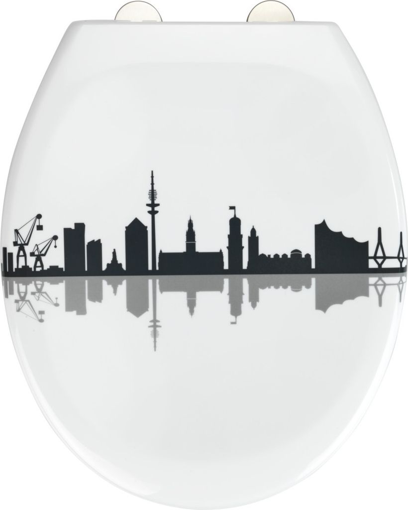 A toilet seat with a black silhouette of a city skyline and its reflection on a white background.