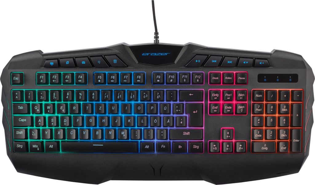 A gaming keyboard with RGB lighting.