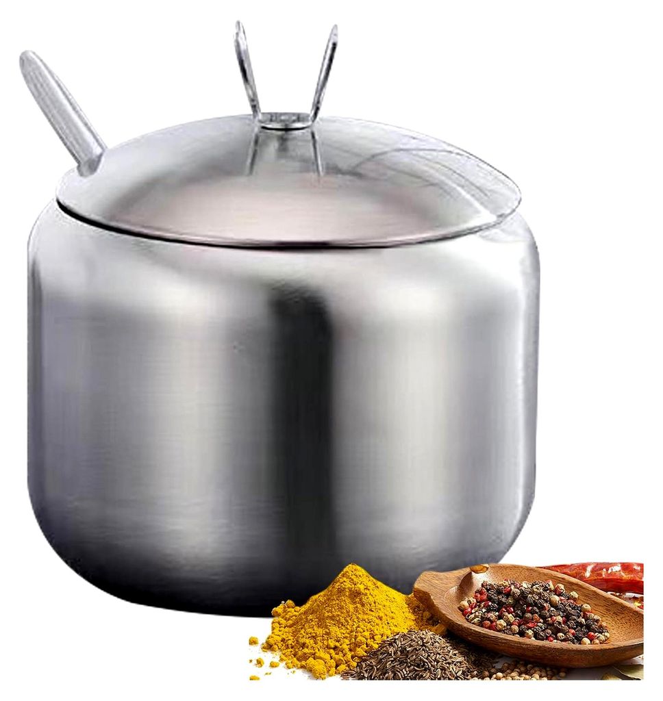 Gewürzbehälter aus Edelstahl | Mit Deckel und Löffel - Aufbewahrung für Salz und Pfeffer beim Kochen, Backen, Grillen, Camping und Picknick