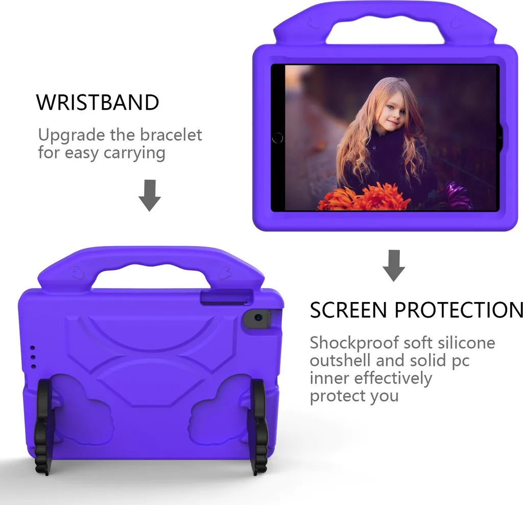 Custodia per bambini per iPad 9.7 2018/2017, iPad Pro 9.7 2016, iPad Air 2 2014/iPad Air 2013 9.7", custodia leggera in schiuma EVA con maniglia e supporto Viola - 5