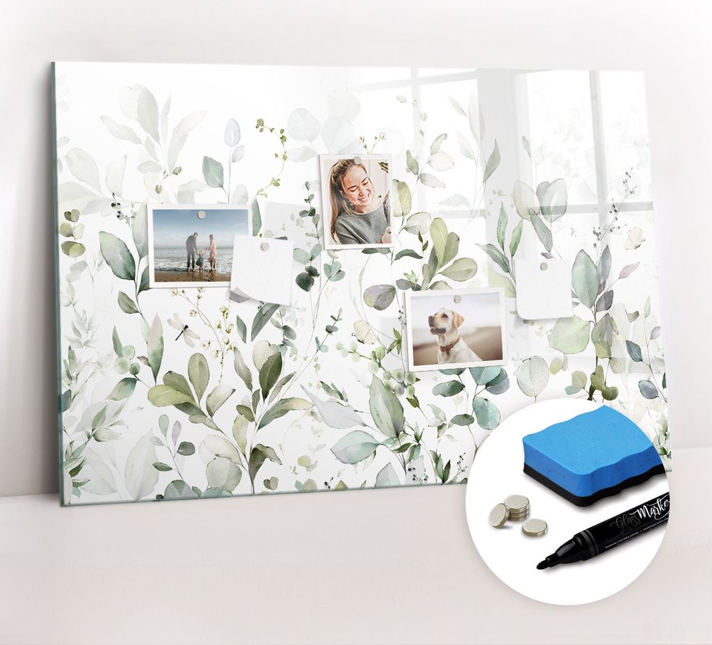 Magnetpinnwand Memoboard - Zubehörsatz - Schwarzer Marker + Schwamm + Magnete - 90 x 60 cm - Pflanzenblätter