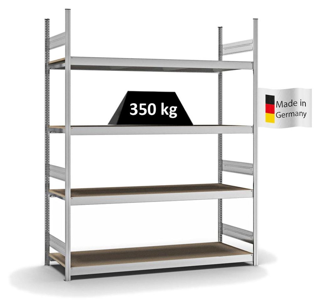PROREGAL Weitspannregal Stecksystem MAGNUS Germany | HxBxT 250x200x60cm | 4 Ebenen | Spanplatten-Fachboden | Fachlast 350kg | Verzinkt