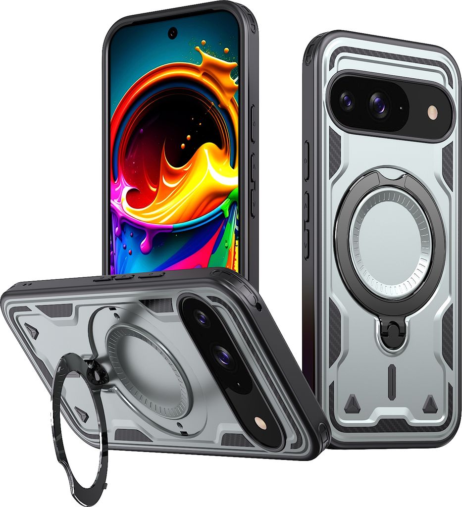 Dual Layer Hülle für Google Pixel 9 / 9 Pro Metall Ring Ständer Magnetisch Stoßfest Militär Handyhülle Grau