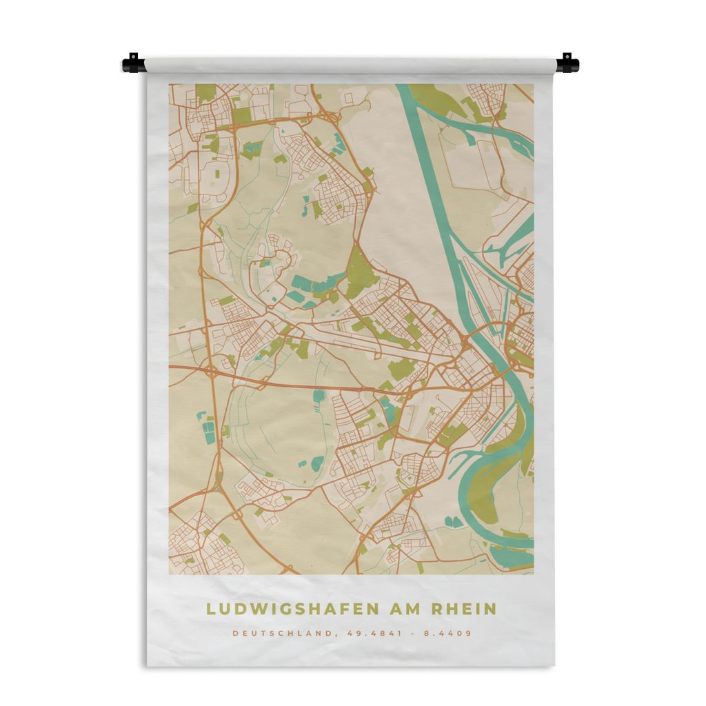 MuchoWow Wandteppich Wandbehang Karte - Ludwigshafen am Rhein - Jahrgang - Stadtplan 60x90 cm Tapisserie Dekoration Wandtuch - Foto-Teppich - Abw...
