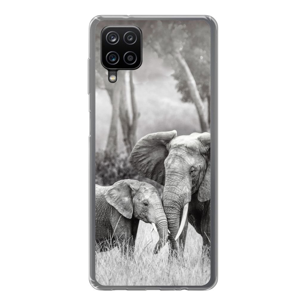 MuchoWow Handyhülle Schutzhülle Hülle für Samsung Galaxy A12 Elefant - Tiere - Natur - Schwarz und weiß Silikon Softcase Handy Hülle - Bild