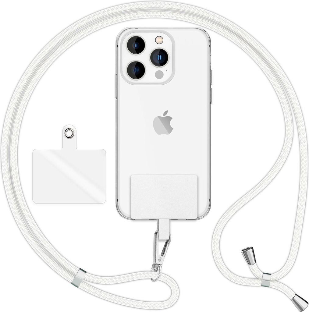 HoldMe Air Edition - Universal Lanyard mit 2 Pads & Karabinerhaken (silber) - 160cm Handyband zum Umhängen - Weiß