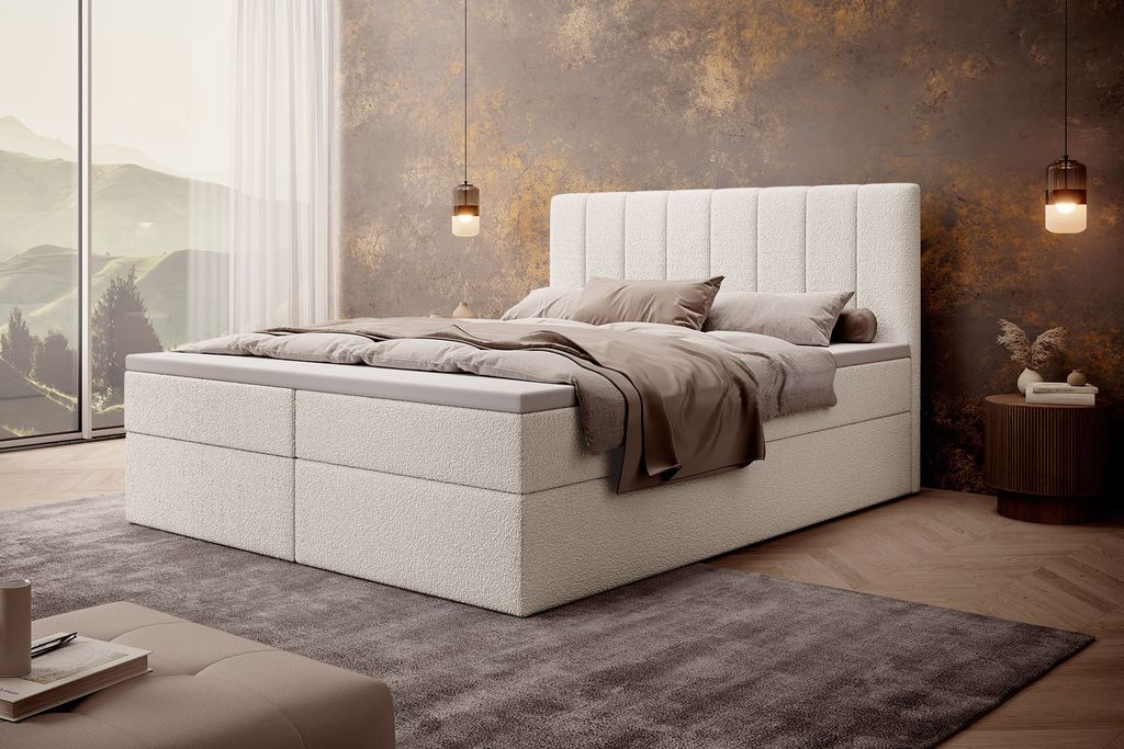 MyBed Allen Boxspringbett Polsterbett mit Kopfteil Bettkasten 140x200 Bonnell-Matratze H2 Topper Creme Abriamo