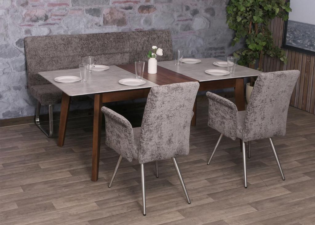 Esszimmer-Set MCW-G55, 2er-Set Stuhl mit Armlehne+Sitzbank 180cm, Edelstahl gebürstet Stoff/Textil Chenille dunkelgrau