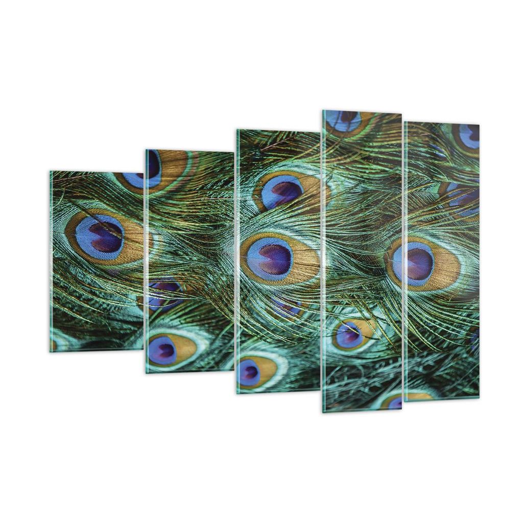 Bilder auf glas - 5 Teile - Pfauen Feder Makro - 150x100cm - Glasbilder - Wandbilder - Bilder - zum Aufhängen bereit - Wanddekoration aus Glas - G...