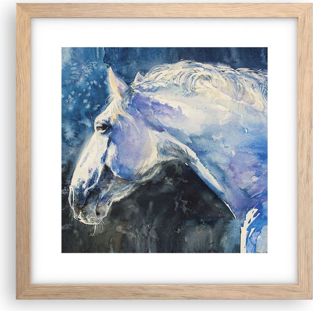 Gerahmtes Poster - Rahmen in heller Eiche - Pferd Aquarell Porträt - 30x30 cm - Wand Bild - Wanddeko - Wandbilder - Wandposter - Bilderrahmen - Bi...
