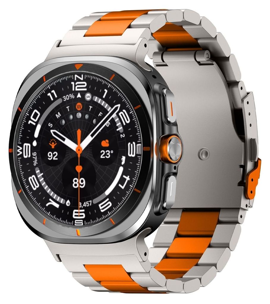 A close-up studio shot of a smartwatch with a metal band.