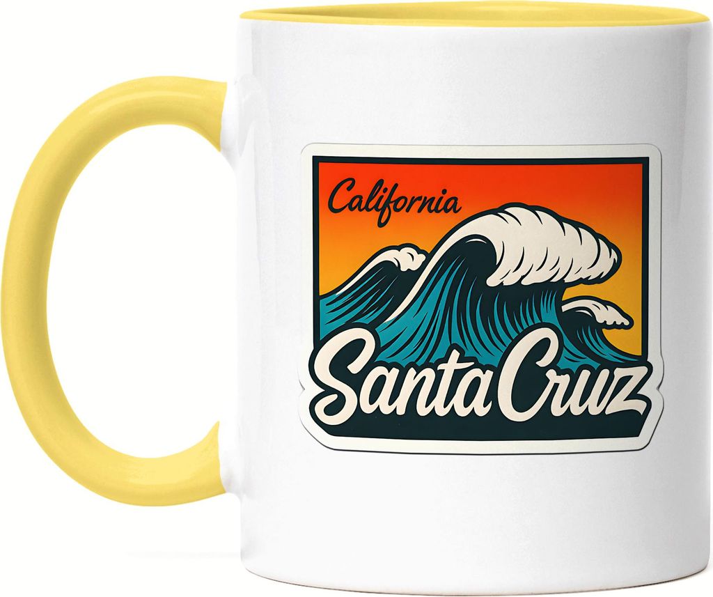 Santa Cruz Tasse Gelb – Surf Welle & Sunset Kalifornien Retro Design, sommerliches Geschenk für Surfer