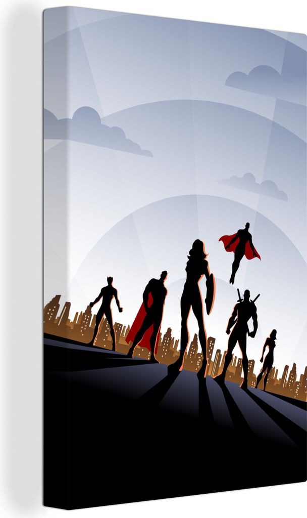 OneMillionCanvasses - Leinwandbilder - 90x140 cm, Kinder-Illustration von Team-Superhelden für Skyline, Wandbilder Kunstdruck Wanddekoration - W...