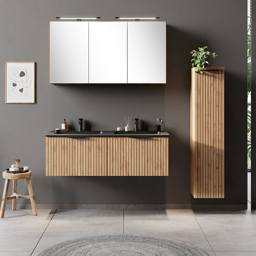 Badmöbel Set 3-teilig inkl. Doppelwaschtisch 120cm in Eiche, Fronten gestreift, LIVINGSTON-03