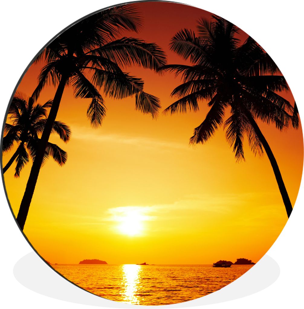 MuchoWow Aluminium Wandkreis Palme - Sonnenuntergang - Strand - Orange - Tropisch Ø 90 cm Wanddeko Modern Wohnzimmer - Mauerkreis - Wandbilder -...