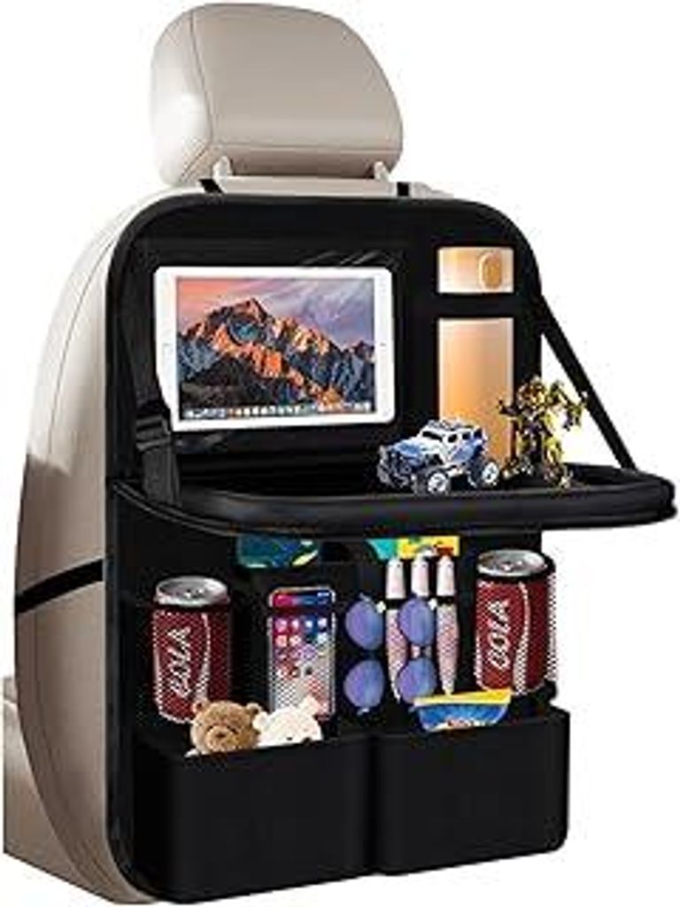 Auto Organizer, Upgrade Rückenlehnenschutz XXL 13 Tabletfach, Klapptisch & Viele Taschen für Kinder & lange Autofahrten Sitzschoner (Schwarz, 1er...