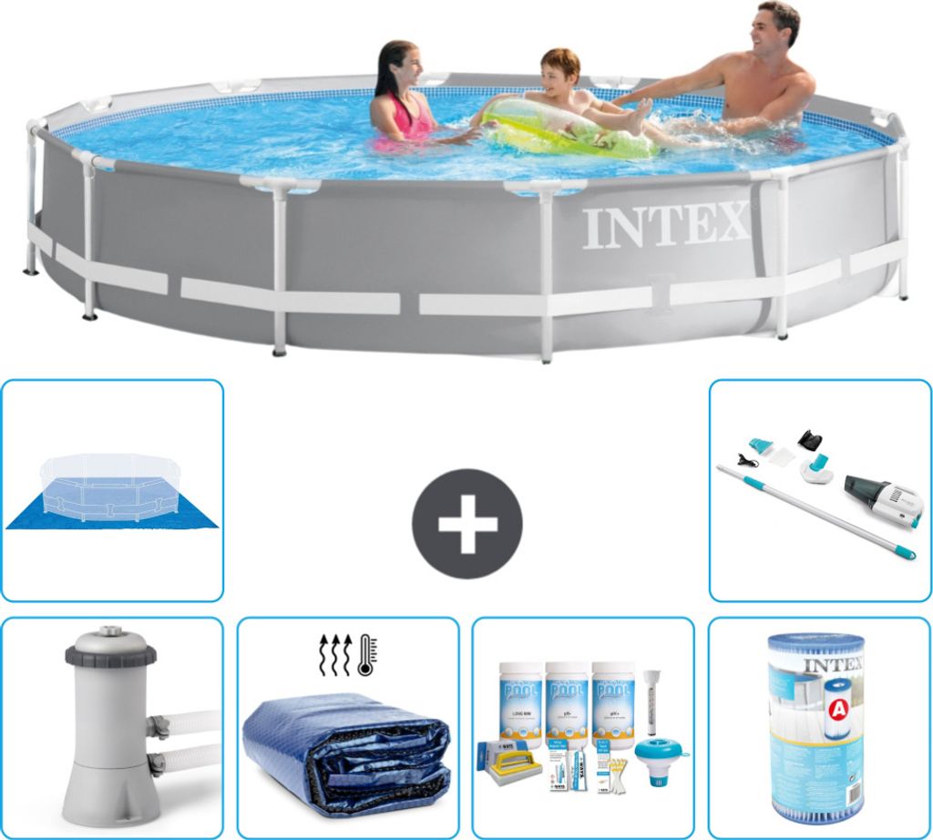 Intex Round Prism Frame Swimming Pool – 366 x 76 cm – Grau – inklusive Pumpe Sonnensegel - Wartungspaket - Filter - Bodenplane - Staubsauger