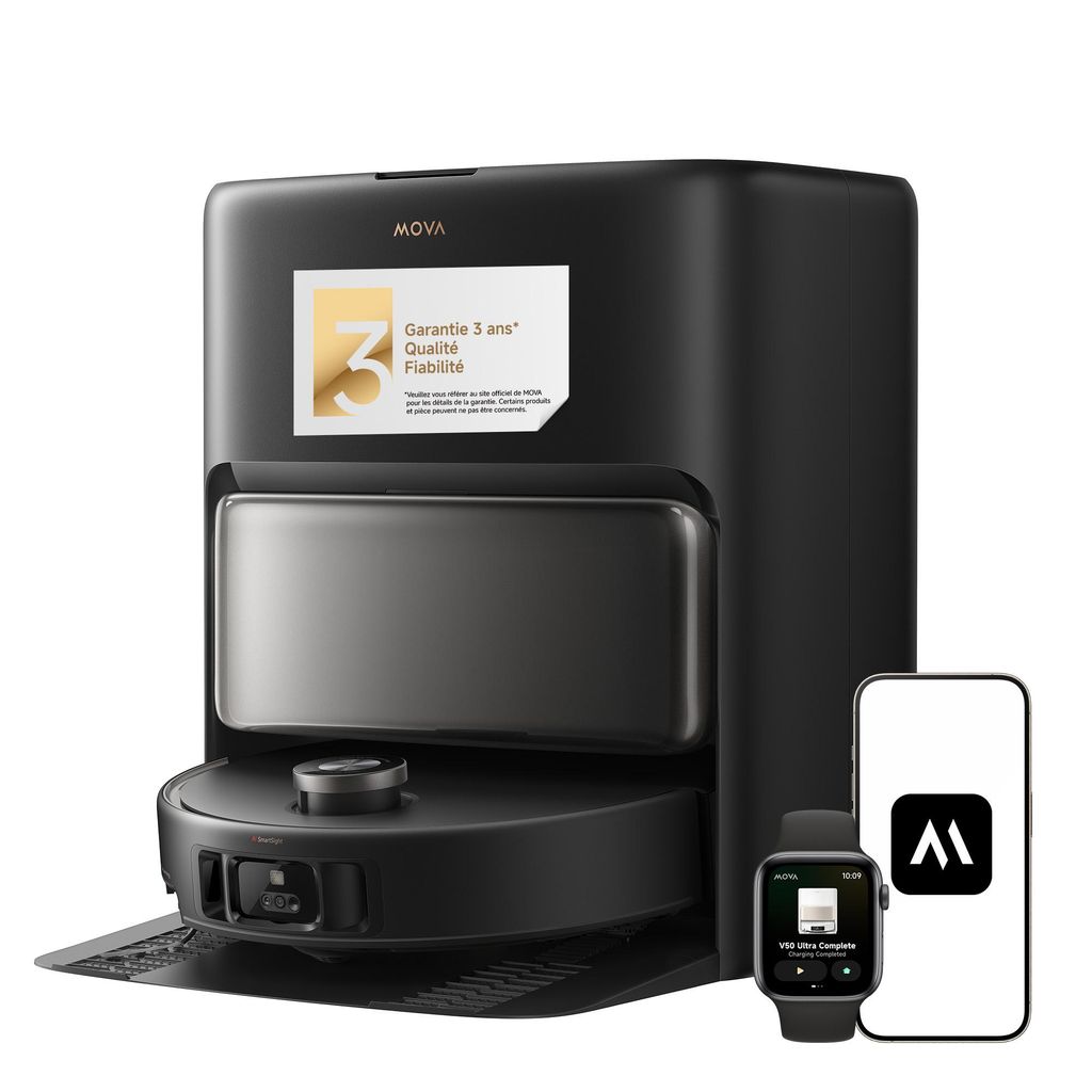 A black robot vacuum cleaner and its charging base are shown, with a smartphone and smartwatch displaying an app icon next to them. A sticker on the base indicates 'Garantie 3 ans' (3-year warranty).