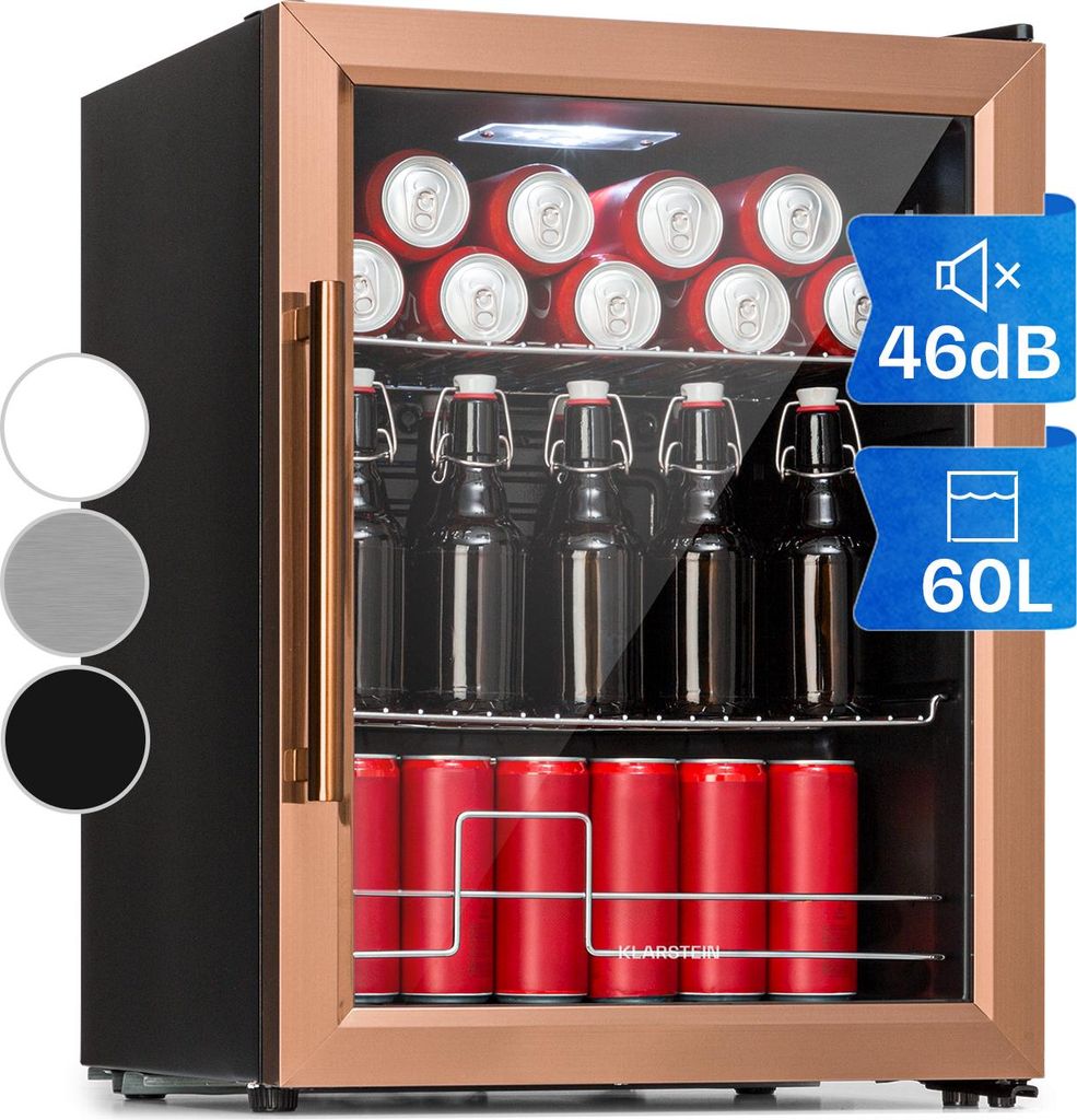 A mini refrigerator filled with drinks, showing color options.