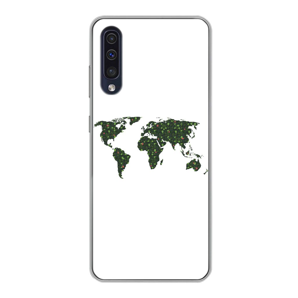 MuchoWow Handyhülle Schutzhülle Hülle für Samsung Galaxy A30s Weltkarte - Grün - Blätter Silikon Softcase Handy Hülle - Karteninhaber