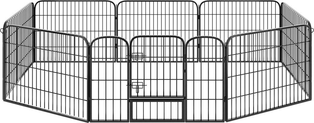 A black metal pet playpen with a gate, shown from a slightly elevated angle.