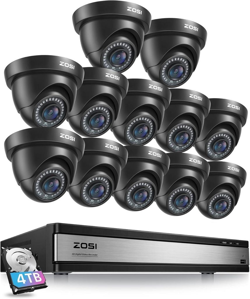 ZOSI 1080P Aussen Überwachungskamera Set mit BNC Kabel, 16CH 4TB DVR und 12 Kabelgebunden Dome Kameras, KI Personen-/Fahrzeugerkennung
