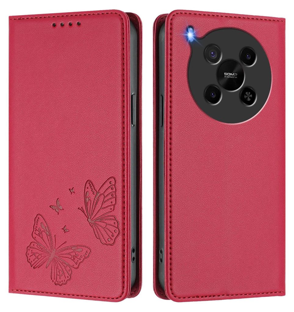 Lederhülle für ZTE Blade V70 Max/nubia V70 Max, Schmetterling Prägung Leder Brieftasche Schutzhülle mit Ständer Rot