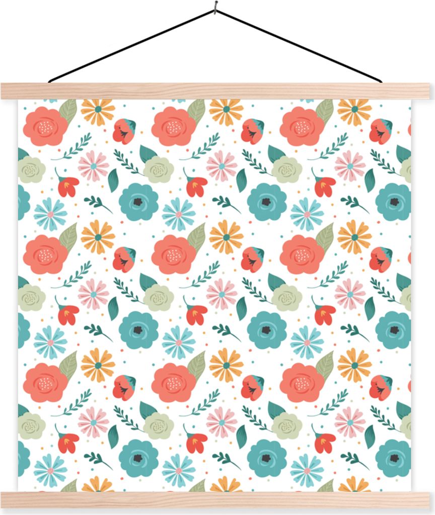 MuchoWow Textilposter Blumen - Blätter - Muster 40x40 cm mit holzfarbenen Rahmen - Posterleiste