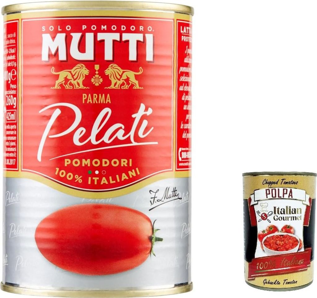24x Mutti Pomodori Pelati Geschälte Tomaten 100 % italienische Tomaten 400g Dose Tomaten Sauce + Italian Gourmet polpa 400g