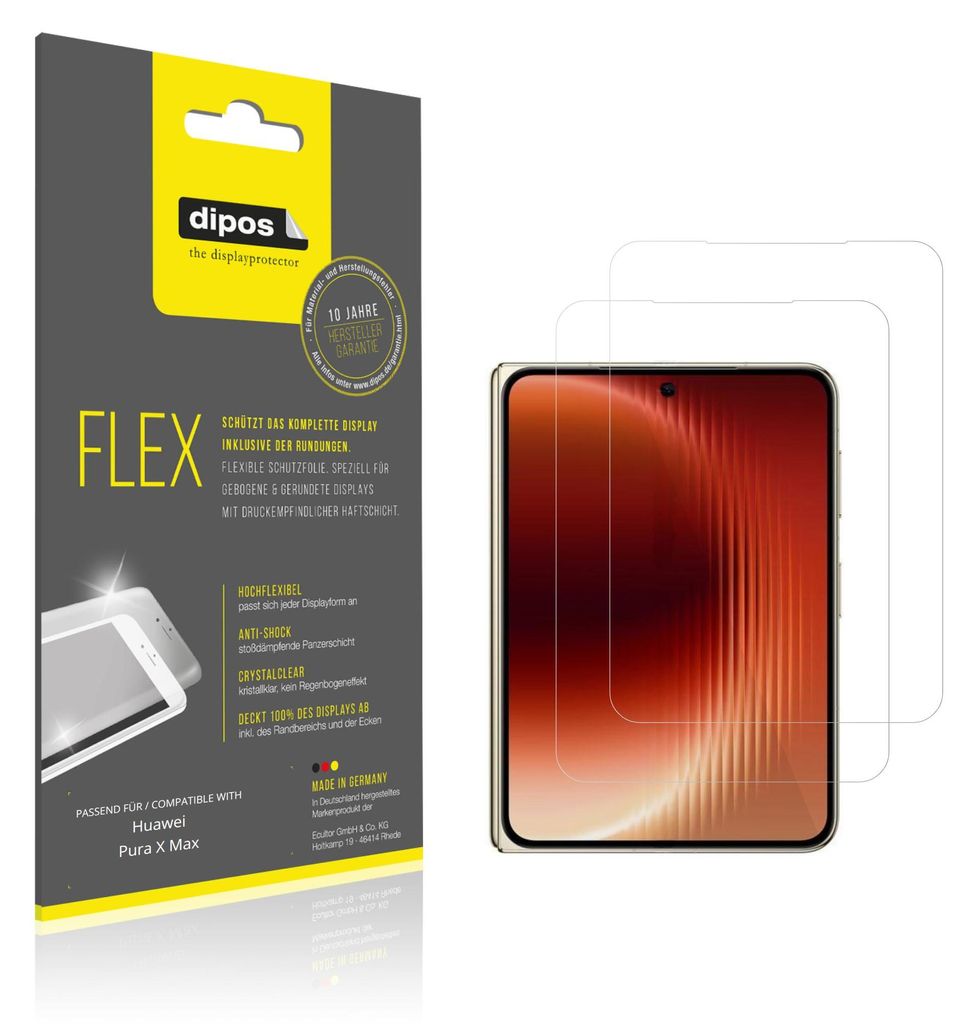 2x Schutzfolie für Huawei Pura X Max Aussenseite Folie, 100% Displayabdeckung, dipos Flex