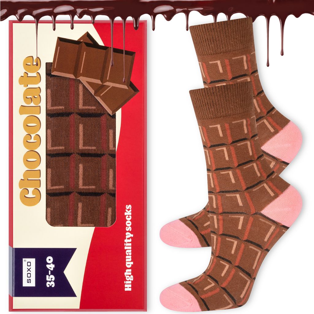Bunte Damen-Baumwollsocken mit Schokoladentafel-Motiv, Soxo, lustiges Geschenk für Oma, kleine Aufmerksamkeit für Mama, Größe 35-40