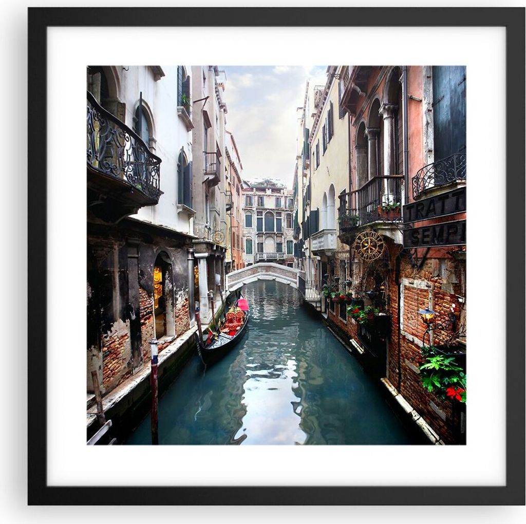 Gerahmtes Poster - Schwarzer Rahmen - Boot Brücke Tourismus Venedig - 40x40 cm - Wand Bild - Wanddeko - Wandbilder - Wandposter - Bilderrahmen - B...