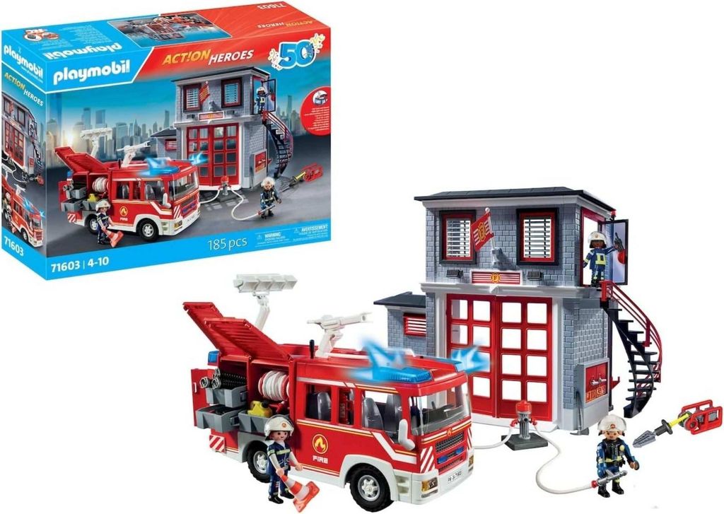 A Playmobil fire station and fire truck set, shown both in its packaging and assembled.
