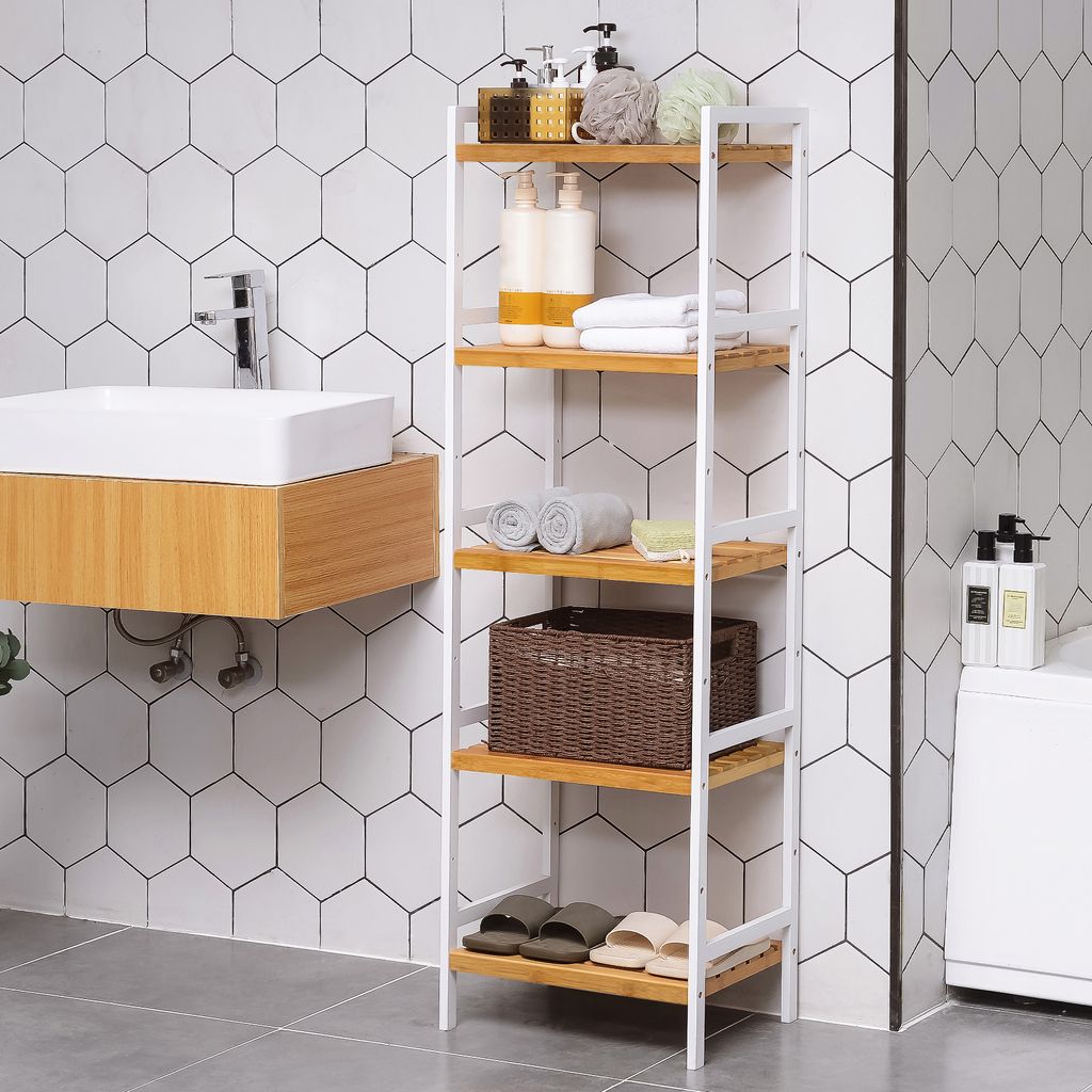 A bathroom shelf unit with various bathroom items.