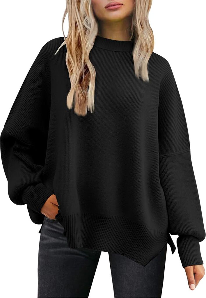 ASKSA Damen Pullover Rundhals Oversized Strickpullover Fledermausaermel Pulli Herbst Winter Warm Lose Strick Seitlichem Schlitz Sweater Oberteile (...