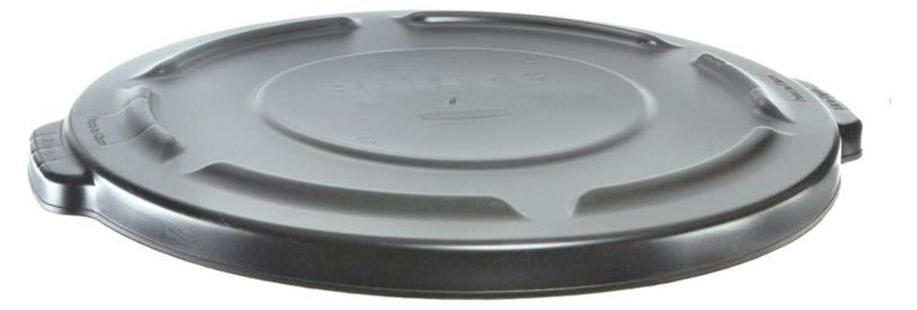 A gray trash can lid is shown from a slightly elevated angle against a white background.