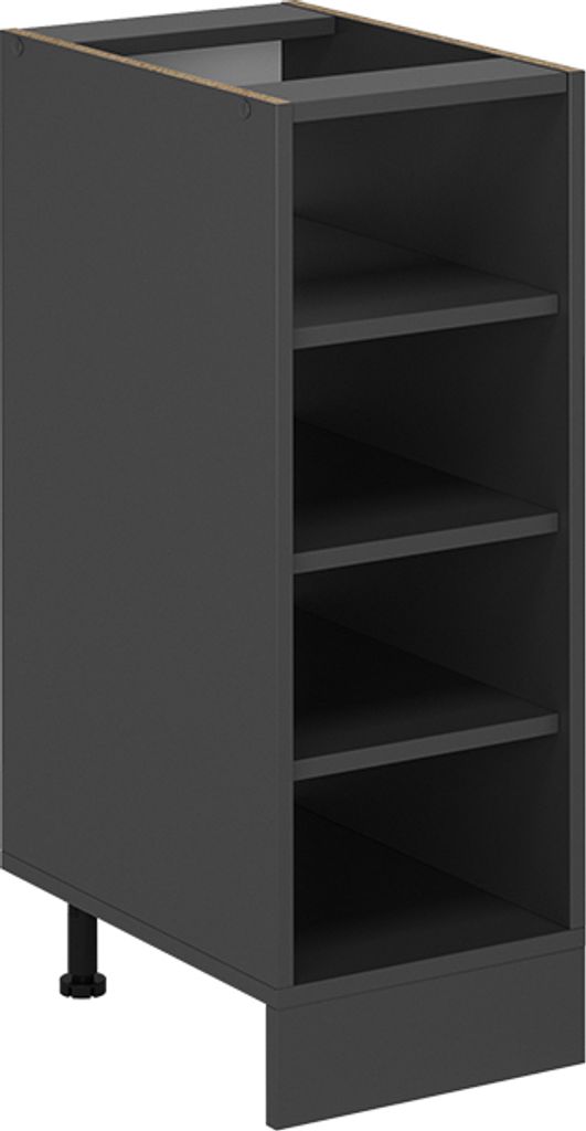 A dark gray kitchen cabinet with open shelves and a black leg.
