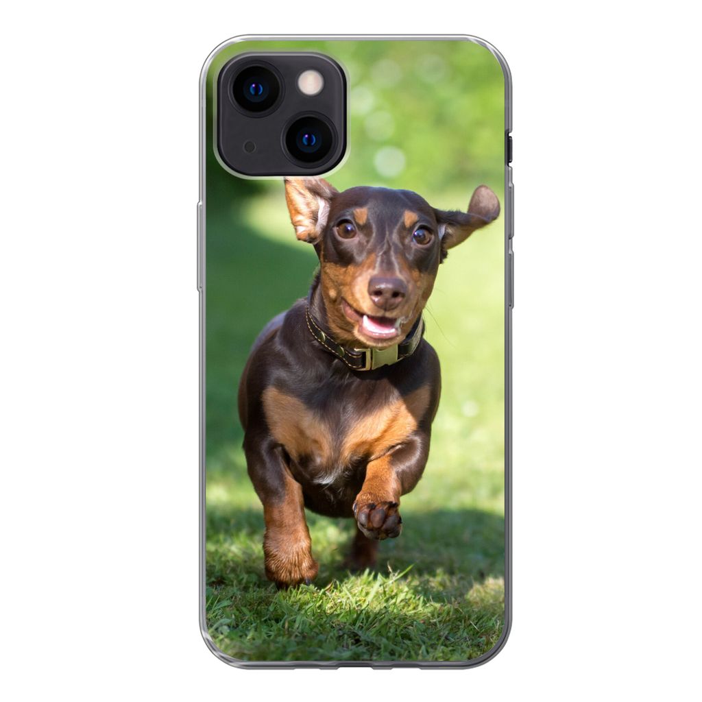 MuchoWow Handyhülle Schutzhülle Hülle für iPhone 13 mini Ein sprintender Dackel Silikon Softcase Handy Hülle - Softcase