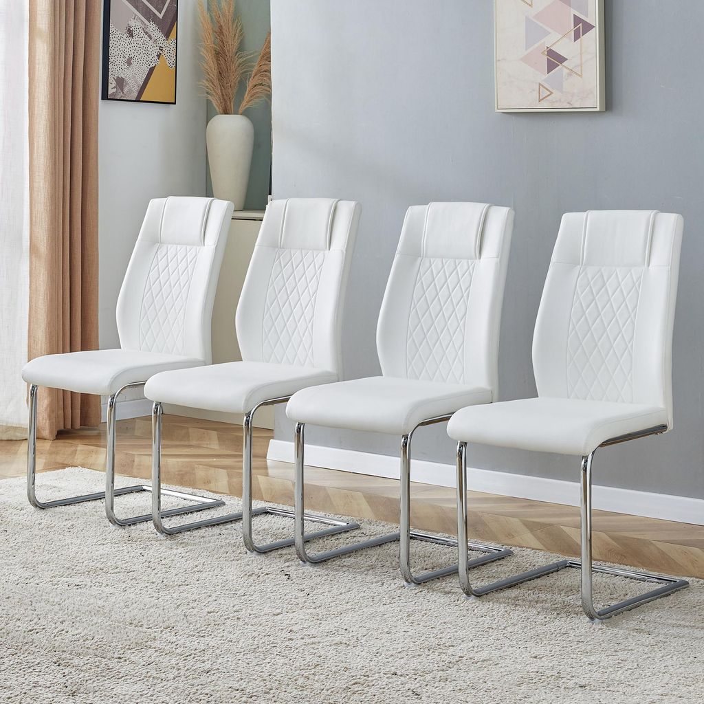 okwish Esszimmerstuhl 4er-Set Netznaht Design Küchenstuhl mit Rückenlehne Silberne Metallbeine und rutschfesten Füßen schlichtes Design Weiß+S...