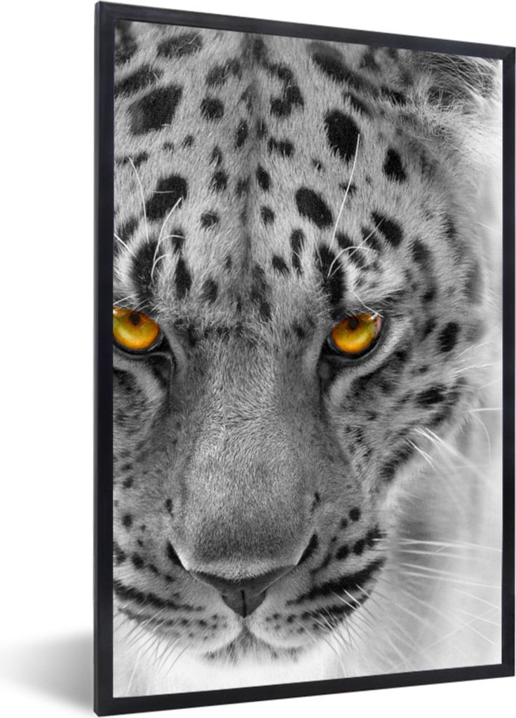 MuchoWow Gerahmtes Poster Leopard - Schwarz - Weiß - Gelb 20x30 cm - Poster mit Schwarzem Bilderrahmen Wandposter Rahmen Foto Bilder - Drucken -...