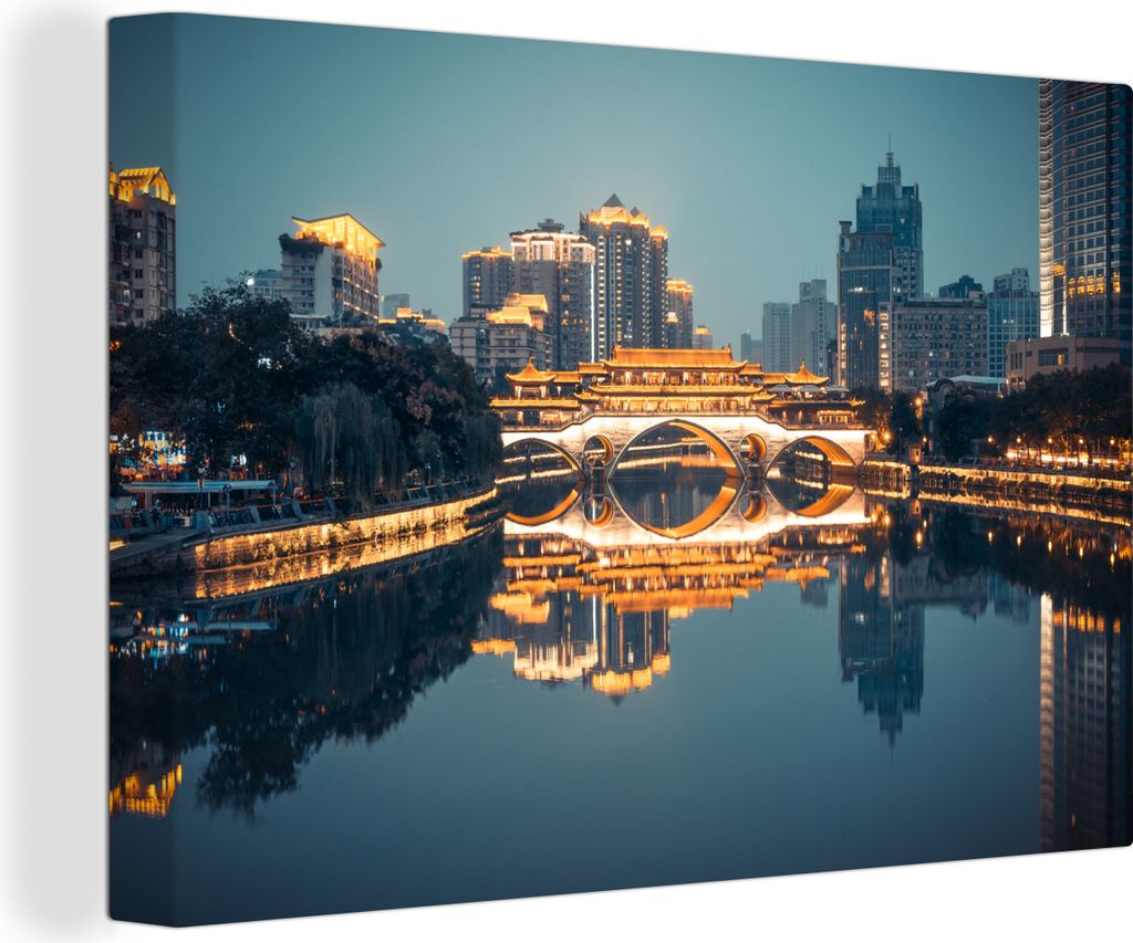 OneMillionCanvasses - Leinwandbilder - 140x90 cm, Anshun-Brücke in Chengdu bei Nacht, Wandbilder Kunstdruck Wanddekoration - Foto auf Leinwand -...