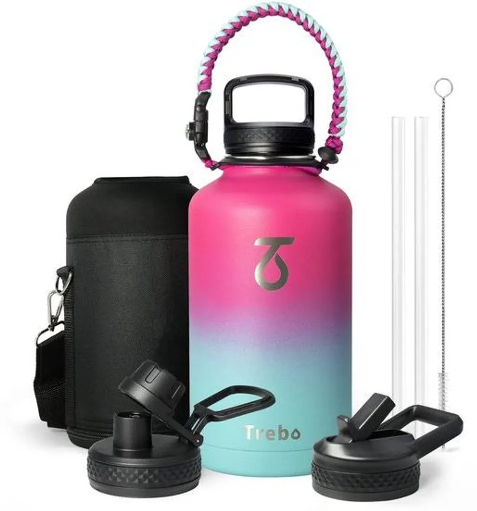 Gourde sport 2L en acier inoxydable rose avec 3 embouts et paracorde S2