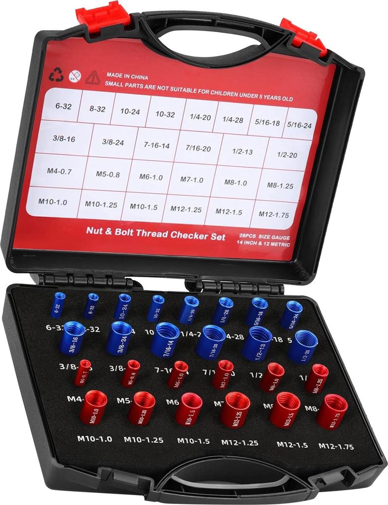 26-teiliges Gewindeprüfer-Set für Muttern und Schrauben šC Werkzeug zur Bestimmung der Gewindegröße von Muttern und Schrauben