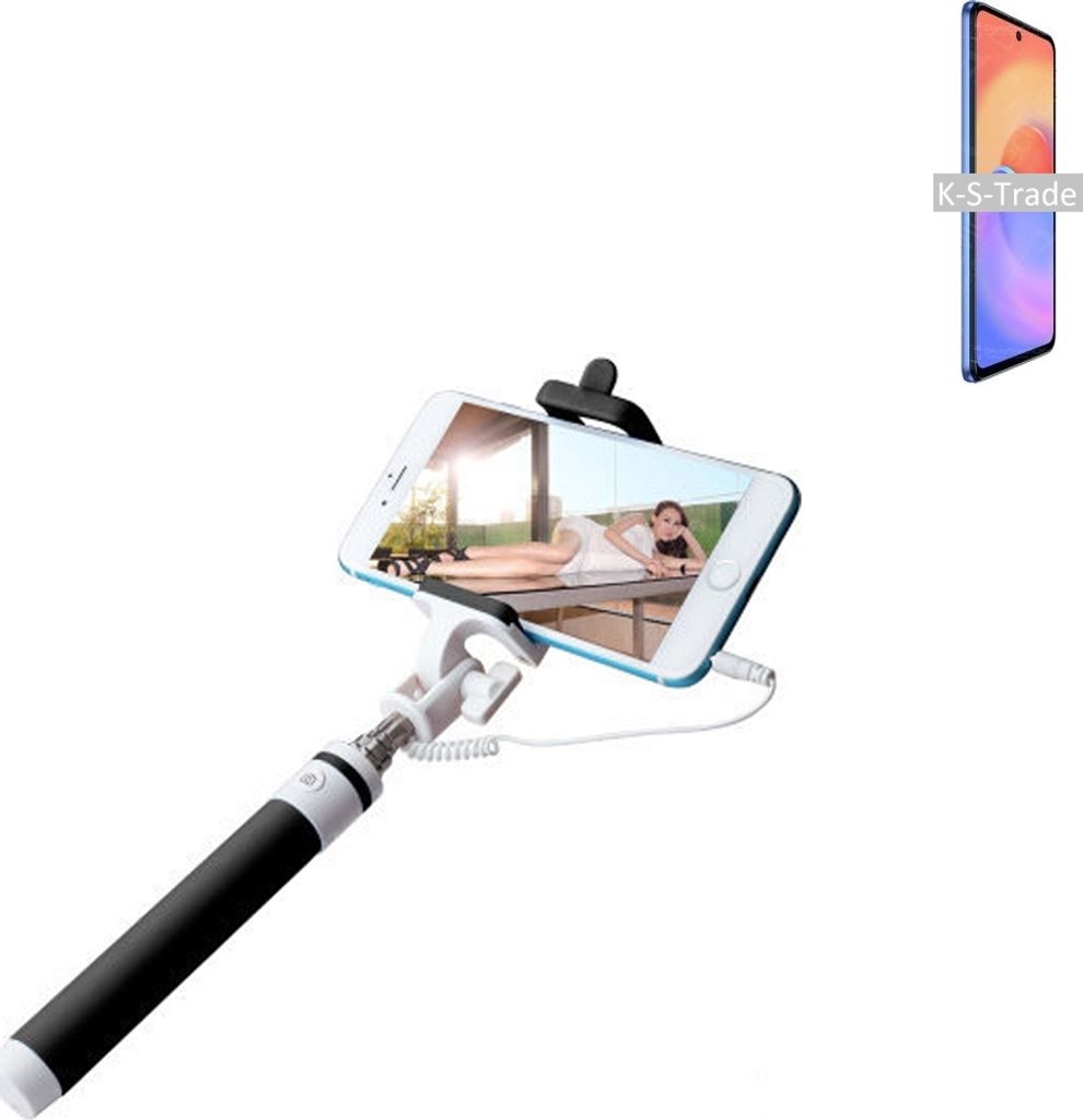 K-S-Trade Selfie Stick kompatibel mit ZTE S30 SE Selfiestick kabelgebunden Monopod mit Kabel Stab Stange Selfportrait Handheldstick schwarz 1x