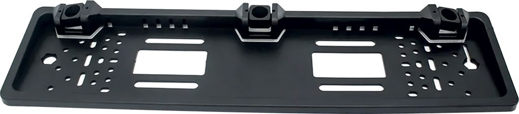 A black license plate holder with multiple mounting holes and brackets for sensors.