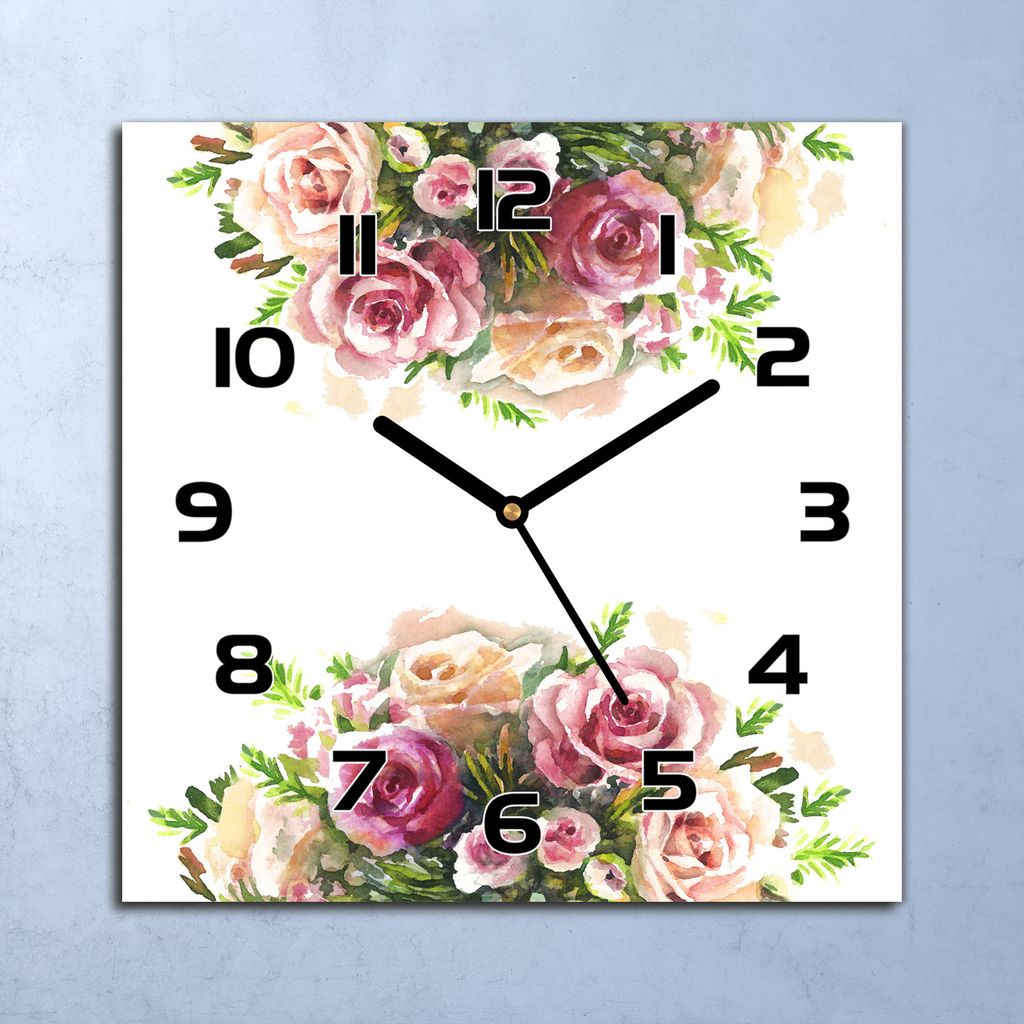 Wanduhr Echt-Glas-Küchenuhr Aquarell Rosenstrauß Quarz 30x30 Deko Bilder