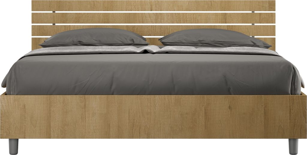 ITYHOME - Bett mit Lattenrost 160x200 schräges Kopfteil mit Holzlatten Eiche Natur Ankel