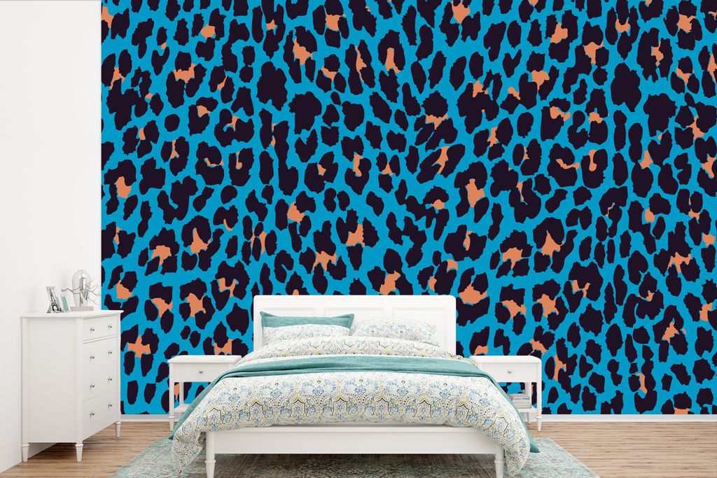 MuchoWow Fototapete für Wohnzimmer oder Schlafzimmer Wandtapete Vinyl Motivtapete Leopardenmuster - Design - Blau - 525x350 cm - Das Hintergrund...