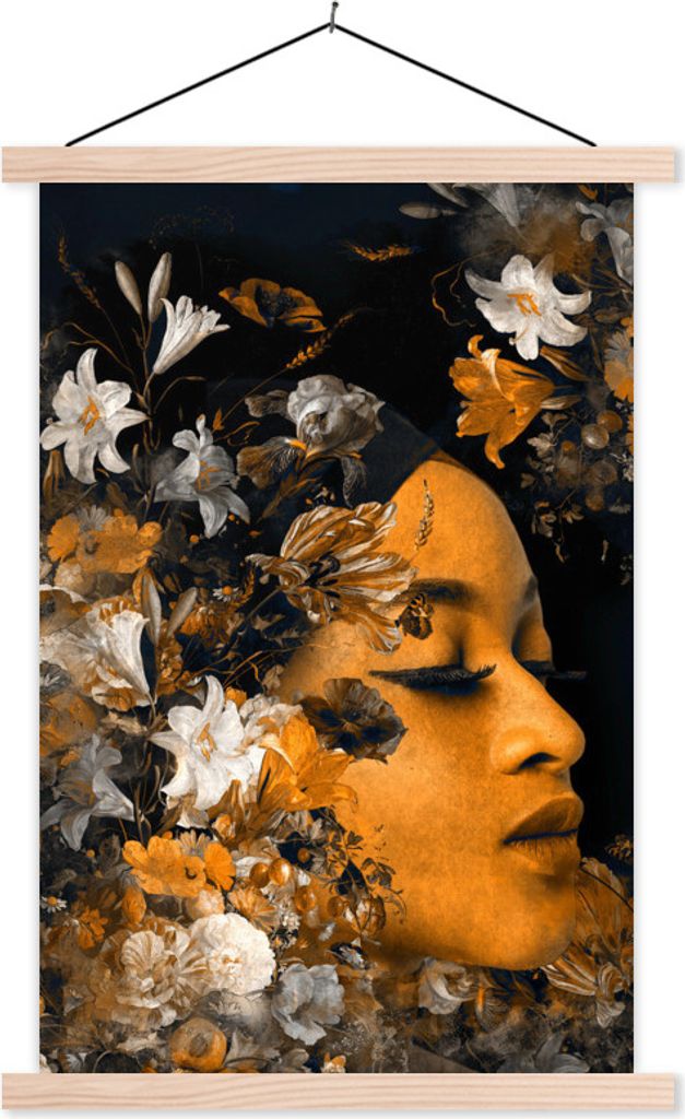 MuchoWow Textilposter Blume - Frauen - Gold 40x60 cm mit holzfarbenen Rahmen - Poster