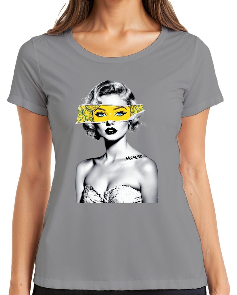 Pop Art HOMER Blonde Frau Gelbe Augenmaske Blaue Augen Retro Damen T-Shirt, Grau, XL